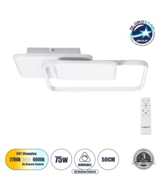 GLOBOSTAR® SQUARO 61232 Μοντέρνο Φωτιστικό Οροφής LED 75W 8400lm 360° AC 220-240V IP20 Ρυθμιζόμενο Λευκό CCT με Χειριστήριο από 2700K έως 6000K Dimmable - Lumileds SMD Chip - Λευκό Ματ - Μ48.5 x Π51 x Υ9cm - 3 Χρόνια Εγγύηση